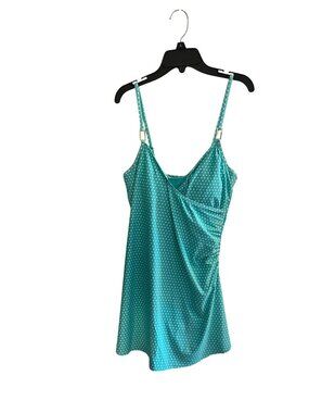 Liz Claiborne women’s 6 Teal Polka Dot Swim suit  Adj. Straps & Tummy Panel NWT